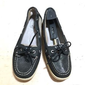 Sperry Top-Sider Black Glitter Slip-On Boat Shoes Women’s 10 Comfort Casual Flat
